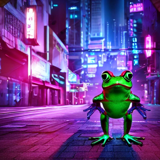 cyberpunk frog, detailed body, spotlight, cyberpunk city, wired, multicolored, vibrant high contrast, hyperrealistic, photografic, 8k, epic ambient light, octane render