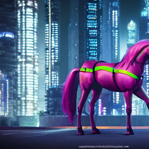 cyberpunk horse, detailed body, spotlight, cyberpunk city, wired, multicolored, vibrant high contrast, hyperrealistic, photografic, 8k, epic ambient light, octane render