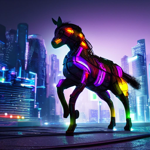 cyberpunk horse, detailed body, spotlight, cyberpunk city, wired, multicolored, vibrant high contrast, hyperrealistic, photografic, 8k, epic ambient light, octane render