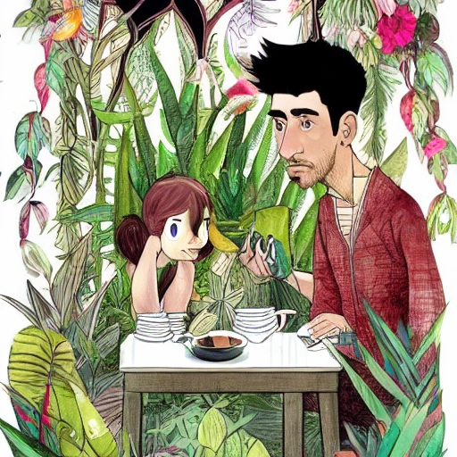 Lionel Messi and Frida Kalho having coffee at a table together, Digital illustration, detailed and intricate, of a dense jungle filled with exotic plants and animals, the sunlight filtering through the canopy creating a dappled effect. In the style of Yoshitaka Amano and Hayao Miyazaki, masterpiece, proportional, detailed, trending on artstation, beautiful lighting, realistic, intricate, award winning, 4k, highest quality