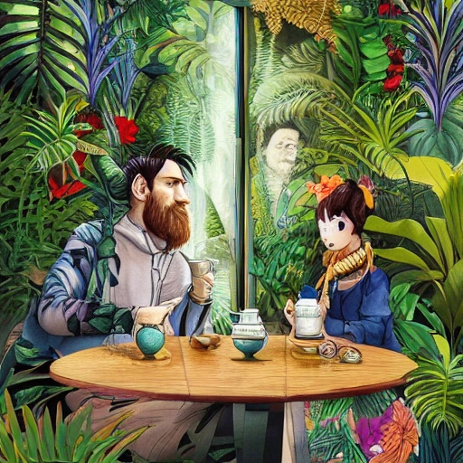 Lionel Messi and Frida Kalho having coffee at a table together, Digital illustration, detailed and intricate, of a dense jungle filled with exotic plants and animals, the sunlight filtering through the canopy creating a dappled effect. In the style of Yoshitaka Amano and Hayao Miyazaki, masterpiece, proportional, detailed, trending on artstation, beautiful lighting, realistic, intricate, award winning, 4k, highest quality, 3D