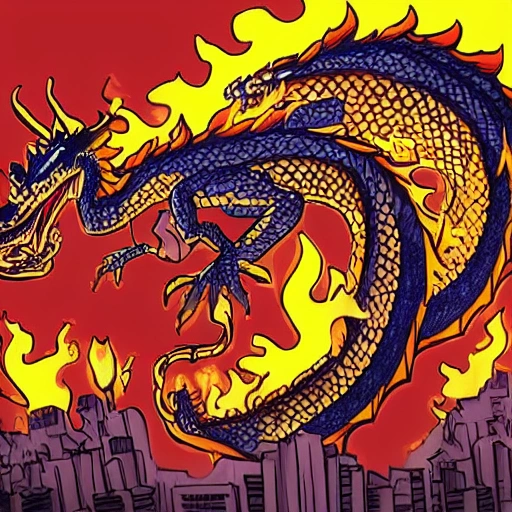 give me a dragon, spitting fire, in a city made of gold, Cartoon