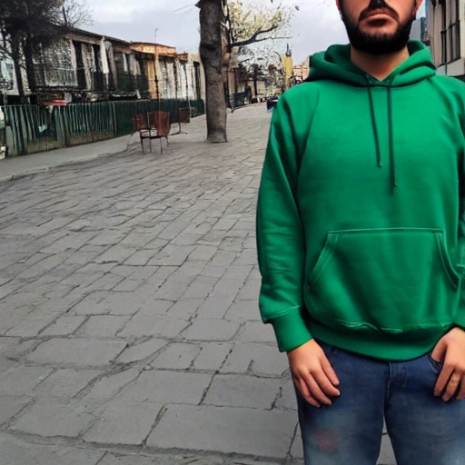 Persona que camina por la calle mirando al cielo, foto frontal, la persona lleva puesto un hoodie verde

