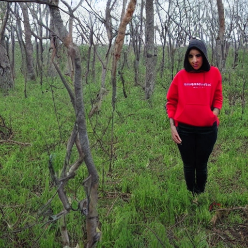 Mujer delgada que posa frontalmente de cuerpo completo, modelando un hoodie rojo, se encuentra en un campo verde rodeado de arboles.
