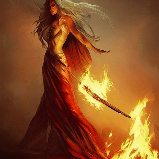 lebanon by artgerm and wlop and scott fischer and seb mckinnon, midsommar style, white gown, of very up, wielding flaming sword and holding large fiery shield, rings, gothy, in the style of picasso, fire flames