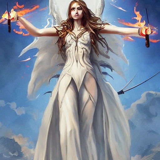 lebanon by artgerm and wlop and scott fischer and seb mckinnon, midsommar style, white gown, of very up, wielding flaming sword and holding large fiery shield, rings, gothy, in the style of picasso, fire flames, 3D