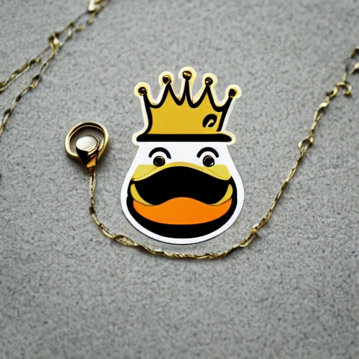 logo, white duck, gold coin in hand, crazy smile, gold crown, gold necklace, illustration, vintage, sticker