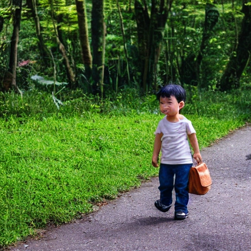 Litltle boy, with medium black hair, Jeans and bag. Walking at Open forest, Cartoon