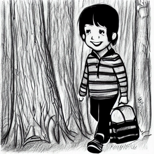 A Happy Litltle boy, with medium black hair, Jeans and bag. Walking across a forest, Cartoon, , Pencil Sketch. Behind see