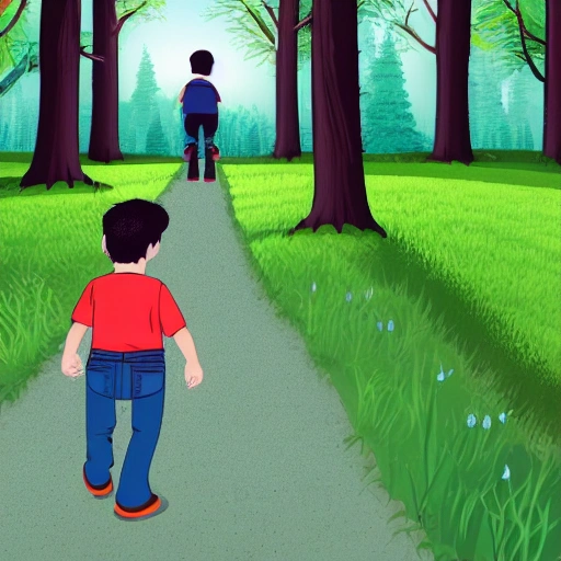 A Happy Litltle boy, with medium black hair, Jeans and bag. Walking across a forest, Cartoon. View from Behind 