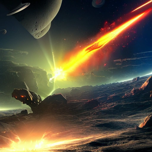 The epic scene of battle from advenced human versus ancient elder alien on the vast field of destroyed saturn with bomb and laser gun and spaceship clash each other and on the background is supernova, epic, war, dark, alien, human, space, 3D, 8k