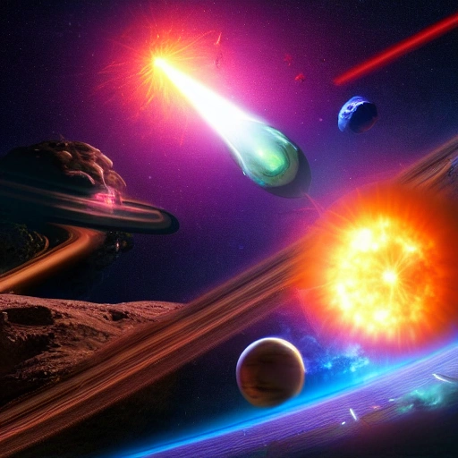The epic of battle of human versus ancient elder alien on the vast field of destroyed saturn with bomb and laser gun and spaceship clash each other and on the background is supernova blast, epic, war, dark, spaceship, alien, human, space, 3D, 8k