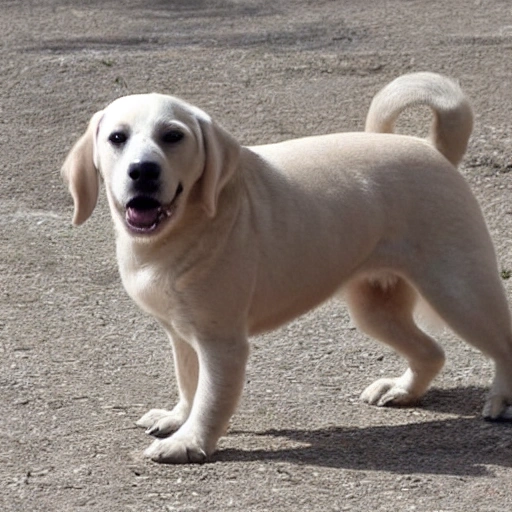 un perro color beige que esta con ganas de pisar a una perra