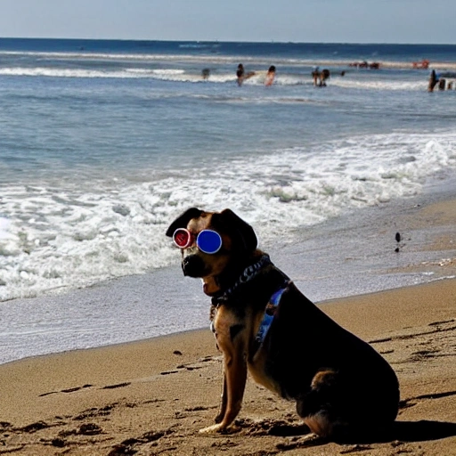 un perro en la playa con gafas de sol surfeando