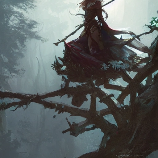 beautiful elf, armor, bow, hiding on top of a tree, by greg rutkowski