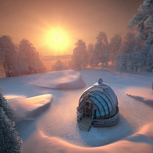 a hyperrealistic picture of a hemispherical house in an artic scene in the style of a hobbit burrow detailed and intricate at sunrise high angle view unreal engine