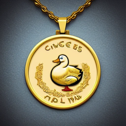 logo, white duck, gold coin in hand, crazy smile, gold crown, gold necklace, 2d illustration, vintage, disney style