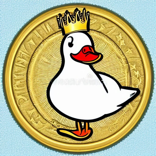 logo, white duck, gold coin in hand, crazy smile, gold crown, gold necklace, 2d illustration, vintage, disney style, big eyes, open mouth,