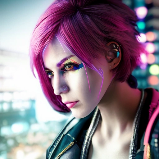 3D, side close up portrait of 1 cyberpunk girl, detailed face, spotlight, cyberpunk city, wired, multicolored, vibrant high contrast, hyperrealistic, photografic, 8k, epic ambient light, octane render, bareness, white hair, 