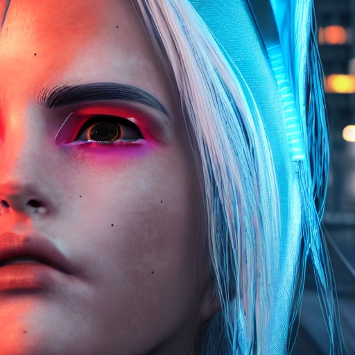 3D, side close up portrait of 1 cyberpunk girl, detailed face, spotlight, cyberpunk city, wired, multicolored, vibrant high contrast, hyperrealistic, photografic, 8k, epic ambient light, octane render, White-hair, 