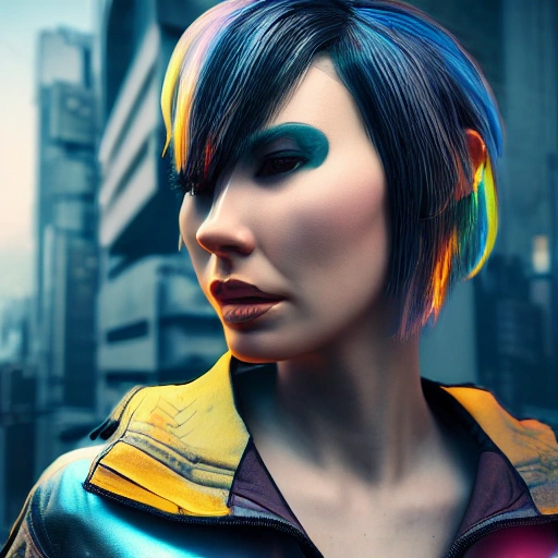 3D, side close up portrait of 1 cyberpunk girl, detailed face, spotlight, cyberpunk city, wired, multicolored, vibrant high contrast, hyperrealistic, photografic, 8k, epic ambient light, octane render, White-hair, 