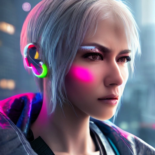 3D, side close up portrait of 1 cyberpunk girl, detailed face, spotlight, cyberpunk city, wired, multicolored, vibrant high contrast, hyperrealistic, photografic, 8k, epic ambient light, octane render, White-hair, Asian