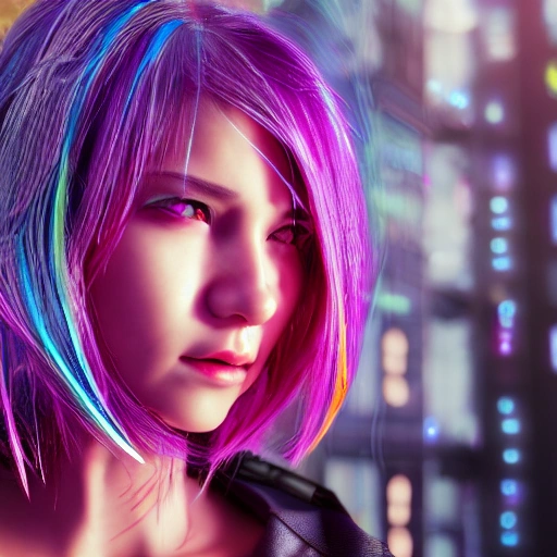 3D, side close up portrait of 1 cyberpunk girl, detailed face, spotlight, cyberpunk city, wired, multicolored, vibrant high contrast, hyperrealistic, photografic, 8k, epic ambient light, octane render, White-hair, Asian, cute, pure