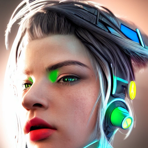 3D, side close up portrait of 1 cyberpunk girl, detailed face, spotlight, cyberpunk city, wired, multicolored, vibrant high contrast, hyperrealistic, photografic, 8k, epic ambient light, octane render, White-hair, Asian, cute, pure