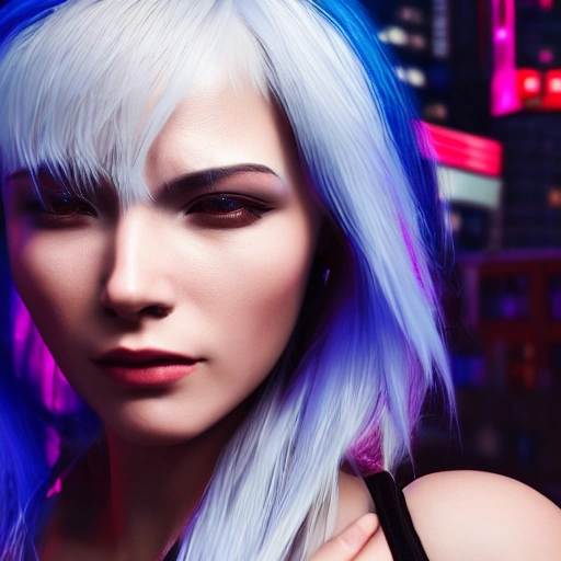 3D, side close up portrait of 1 cyberpunk girl, detailed face, spotlight, cyberpunk city, wired, multicolored, vibrant high contrast, hyperrealistic, photografic, 8k, epic ambient light, octane render, White-hair, Asian, cute, pure