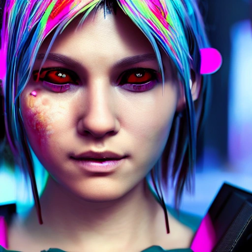 3D, side close up portrait of 1 cyberpunk girl, detailed face, spotlight, cyberpunk city, wired, multicolored, vibrant high contrast, hyperrealistic, photografic, 8k, epic ambient light, octane render, White-short-hair, Asian, cute, pure