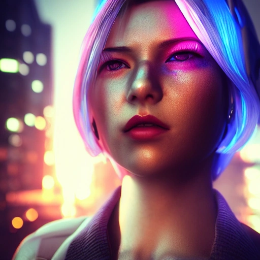 3D, side close up portrait of 1 cyberpunk girl, detailed face, spotlight, cyberpunk city, wired, multicolored, vibrant high contrast, hyperrealistic, photografic, 8k, epic ambient light, octane render, White-short-hair, Asian, cute, pure, blue-eyes 