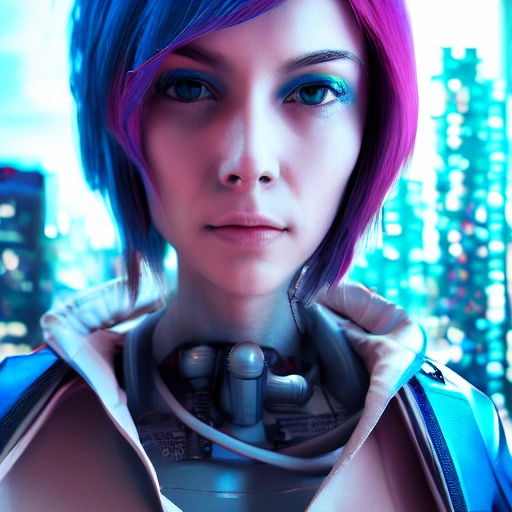 3D, side close up portrait of 1 cyberpunk girl, detailed face, spotlight, cyberpunk city, wired, multicolored, vibrant high contrast, hyperrealistic, photografic, 8k, epic ambient light, octane render, White-short-hair, Asian, cute, pure, blue-eyes 