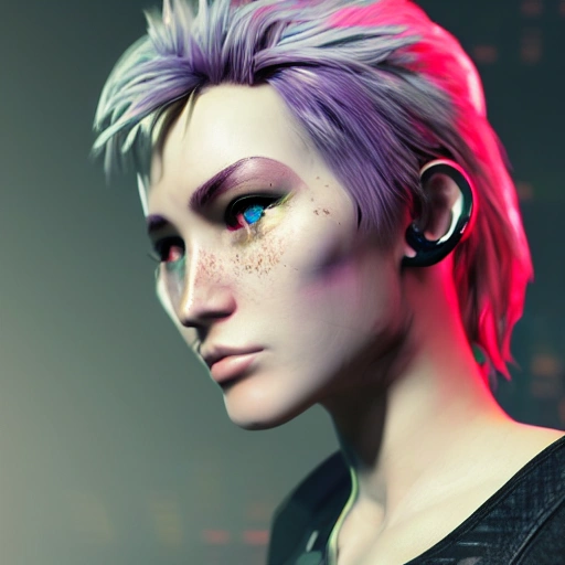 3D, side close up portrait of 1 cyberpunk girl, detailed face, spotlight, cyberpunk city, wired, multicolored, vibrant high contrast, hyperrealistic, photografic, 8k, epic ambient light, octane render, White-short-hair, Asian, cute, pure, blue-eyes 