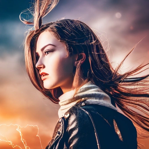 detailed, close up portrait of girl standing in a steampunk city with the wind blowing in her hair, cinematic warm color palette, spotlight, perfect symmetrical face