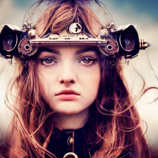 detailed, close up portrait of girl standing in a steampunk city with the wind blowing in her hair, cinematic warm color palette, spotlight, perfect symmetrical face,Front face, angel