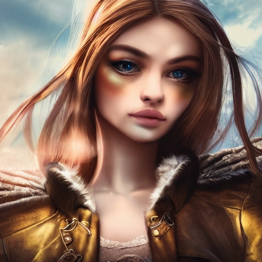 detailed, close up portrait of girl standing in a steampunk city with the wind blowing in her hair, cinematic warm color palette, spotlight, perfect symmetrical face,Front face, angel,The Chinese face