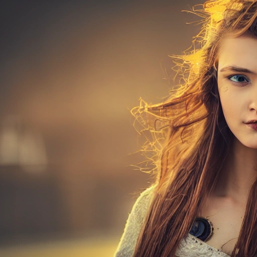 detailed, close up portrait of girl standing in a steampunk city with the wind blowing in her hair, cinematic warm color palette, spotlight, perfect symmetrical face,Front face, angel,flowing hair