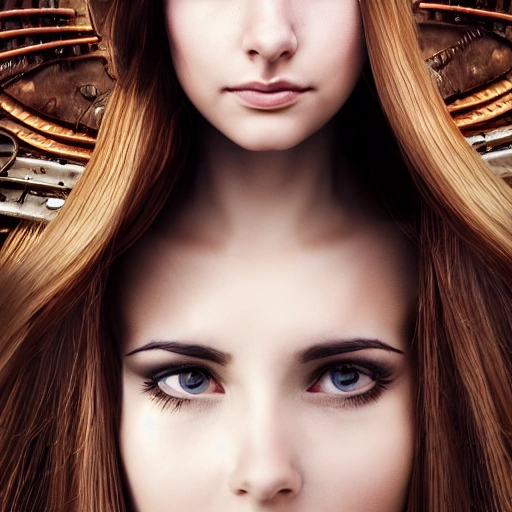 detailed, close up portrait of girl standing in a steampunk city with the wind blowing in her hair, cinematic warm color palette, spotlight, perfect symmetrical face,Front face, angel,flowing hair,full face photo