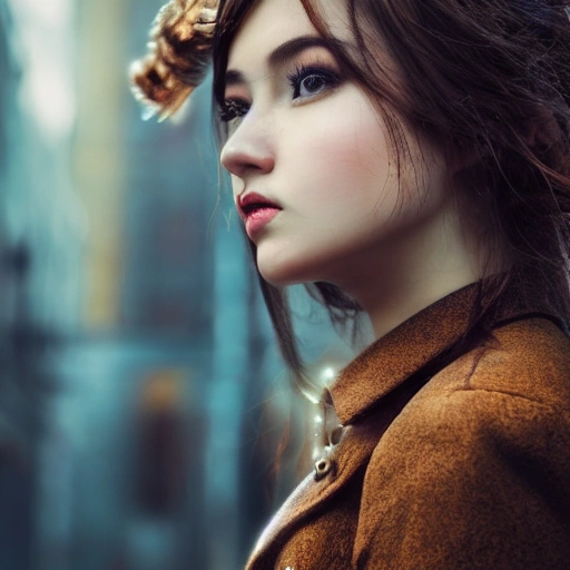 detailed, close up portrait of girl standing in a steampunk city with the wind blowing in her hair, cinematic warm color palette, spotlight, perfect symmetrical face,Front face, angel,flowing hair,full face photo,A pretty face,Chinese

