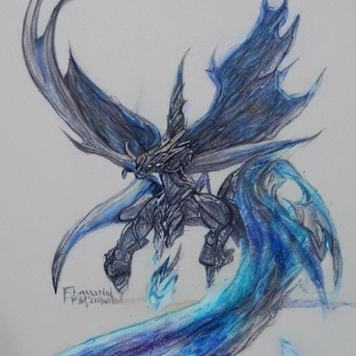 bahamut, final fantasy, fire, ice, Pencil Sketch, Water Color