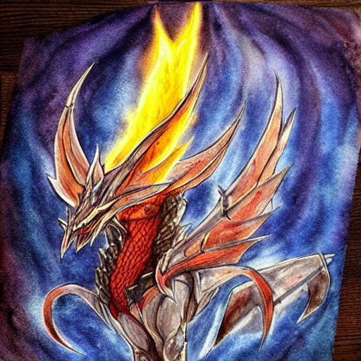 bahamut, final fantasy, fire, ice,  Water Color, realism
