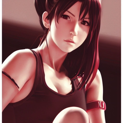 Tifa Lockhart rendered in Cinema 4D, crimson, sitting position, fine details. anime. realistic shaded lighting poster by ilya kuvshinov katsuhiro otomo ghost, medical illustration, detailed concept art by Greg Rutkowski and Norman Rockwell and Sky Sewa, Tristan Eaton