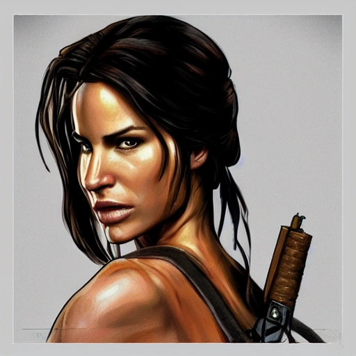 lara croft, dibujo realista en colores, sentada, armas en las dos manos, sonriendo, cueva iluninada, pantera negra al lado