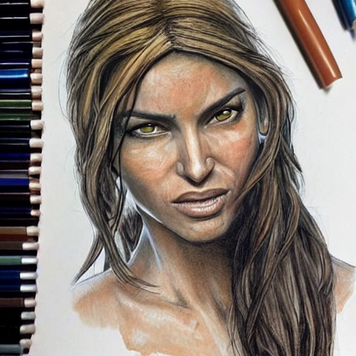 lara croft, dibujo realista en colores, sentada, armas en las dos manos, sonriendo, cueva iluninada, pantera negra al lado