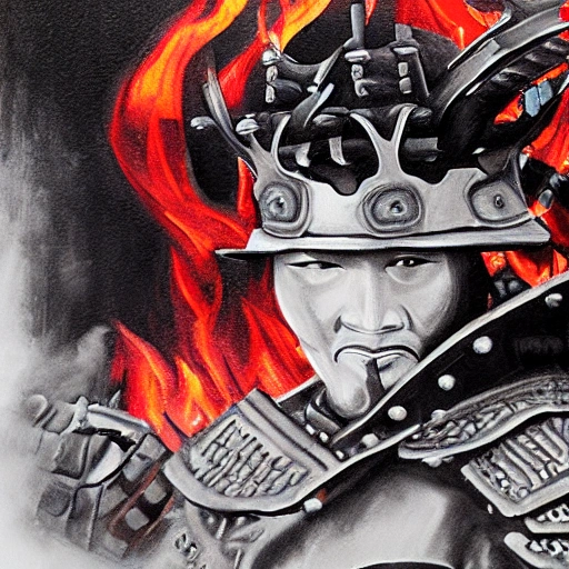  samurai, fire, ice, hyperrealism