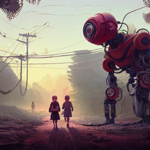 Award-winning 4K digital painting, in the style of Simon Stalenhag. Ultra detailed and intricate depiction of a robot and a girl wandering through a post-apocalyptic world, with beautiful lighting and a cinematic composition make this piece a true masterpiece, trending on artstation