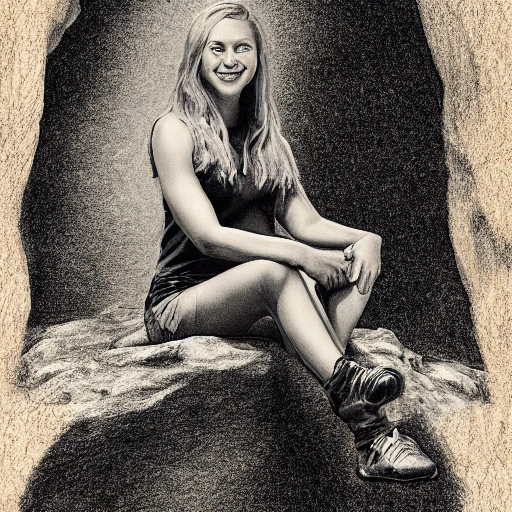 young blonde woman, full body, sitting, arms in both hands, smiling, illuminated cave, black panther to her right, realistic 3d drawing