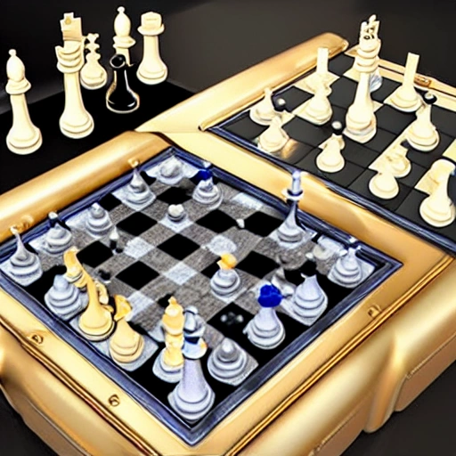 golden freezer playing chess, realistic, 3D