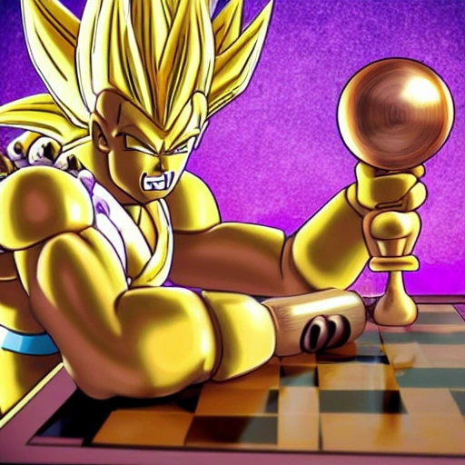 golden freezer a dbz character playing chess, realistic, 3D