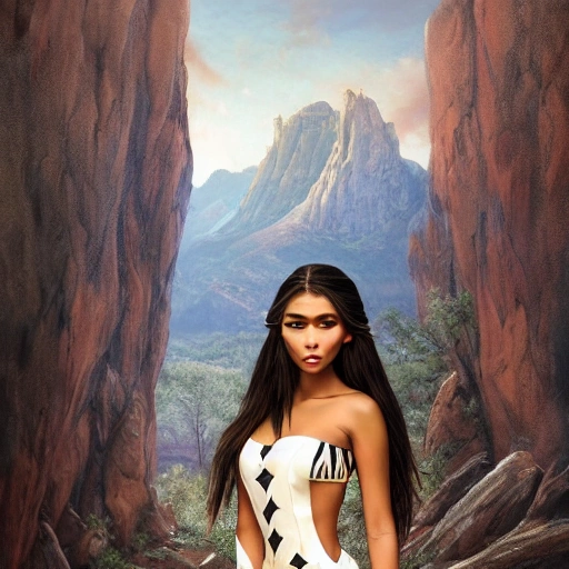 mdjrny-v4 style portrait photograph of Madison Beer as Pocahontas, young beautiful norse woman, perfect symmetrical face, transparent latex dress, (((wild west))) environment, Utah landscape, ultra realistic, concept art, elegant, ((intricate)), ((highly detailed)), depth of field, ((professionally color graded)), 8k, art by artgerm and greg rutkowski and alphonse mucha
